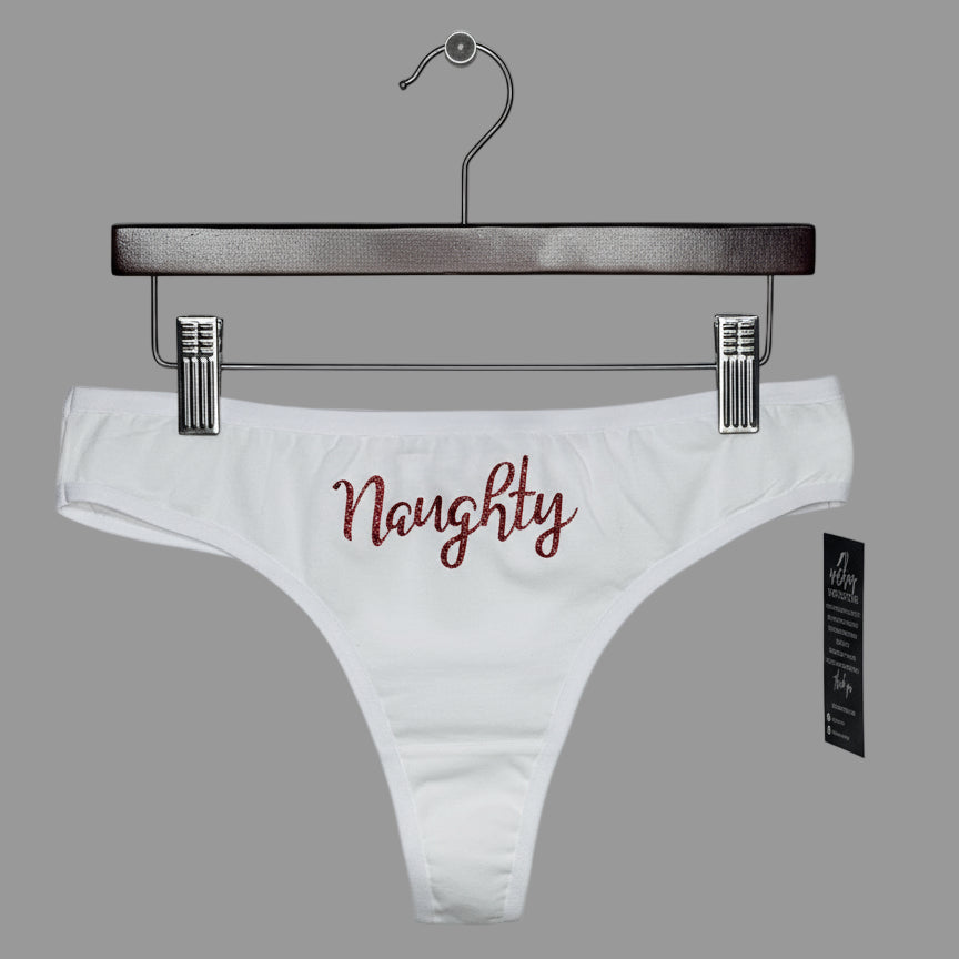 Naughty Cotton Thong Panties with Red Glitter Letters