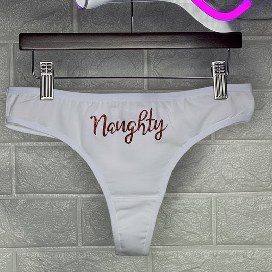 Naughty Cotton Thong Panties with Red Glitter Letters