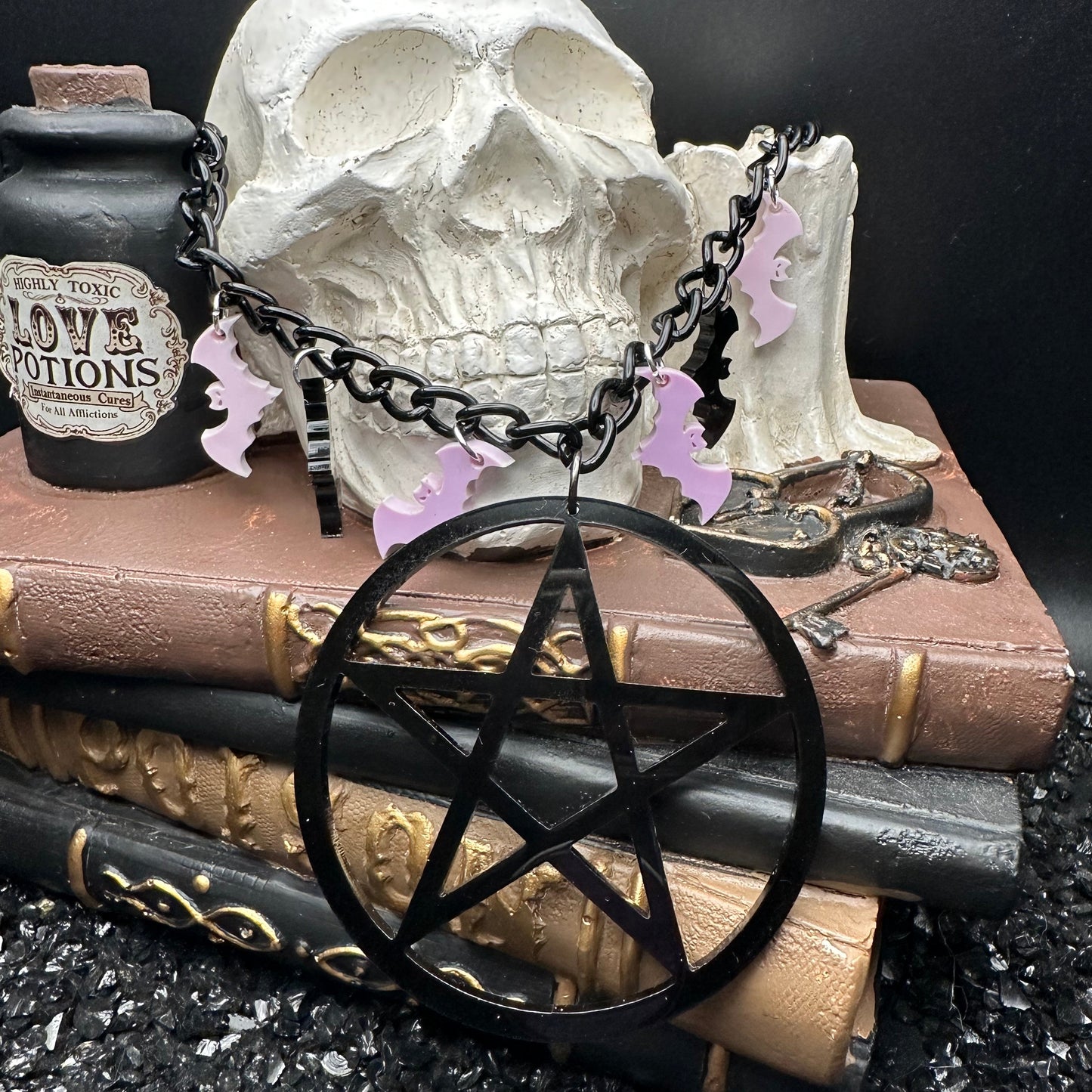Pentagram & Bat Charm Necklace