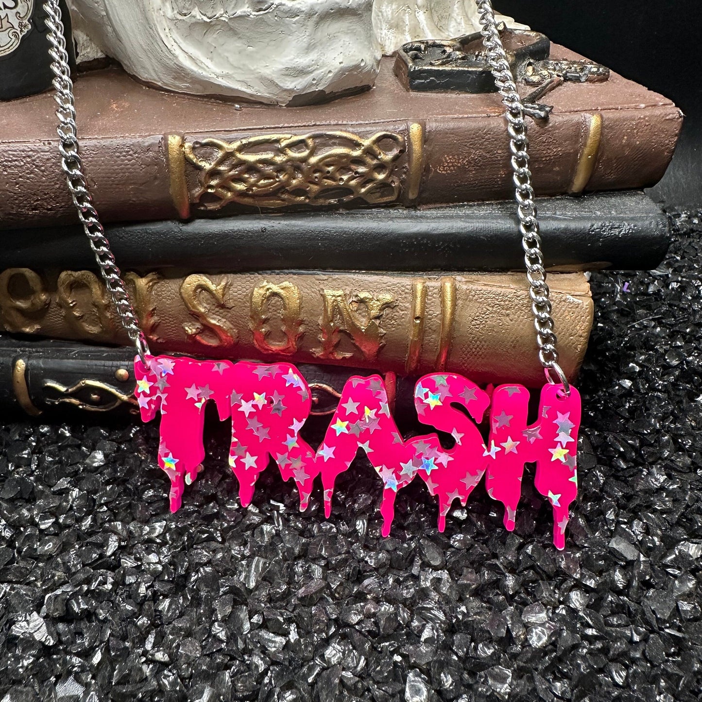TRASH Hot Pink Star Drippy Nameplate Necklace with Silver Chain