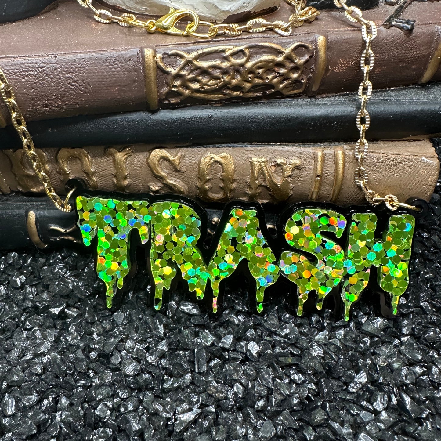 TRASH Glitter Lime Green Drippy Nameplate Necklace with Gold Chain