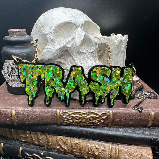 TRASH Glitter Lime Green Drippy Nameplate Necklace with Gold Chain