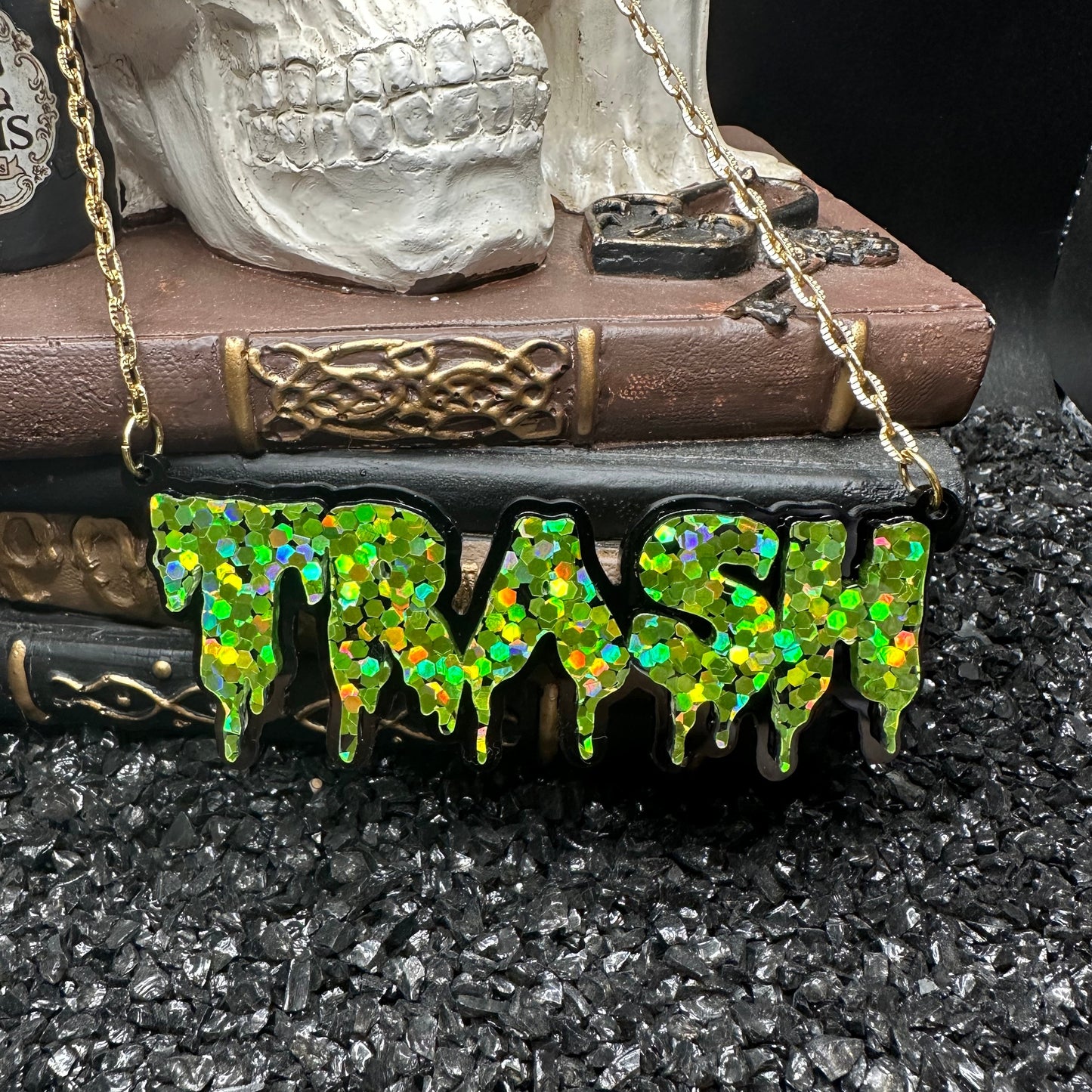TRASH Glitter Lime Green Drippy Nameplate Necklace with Gold Chain