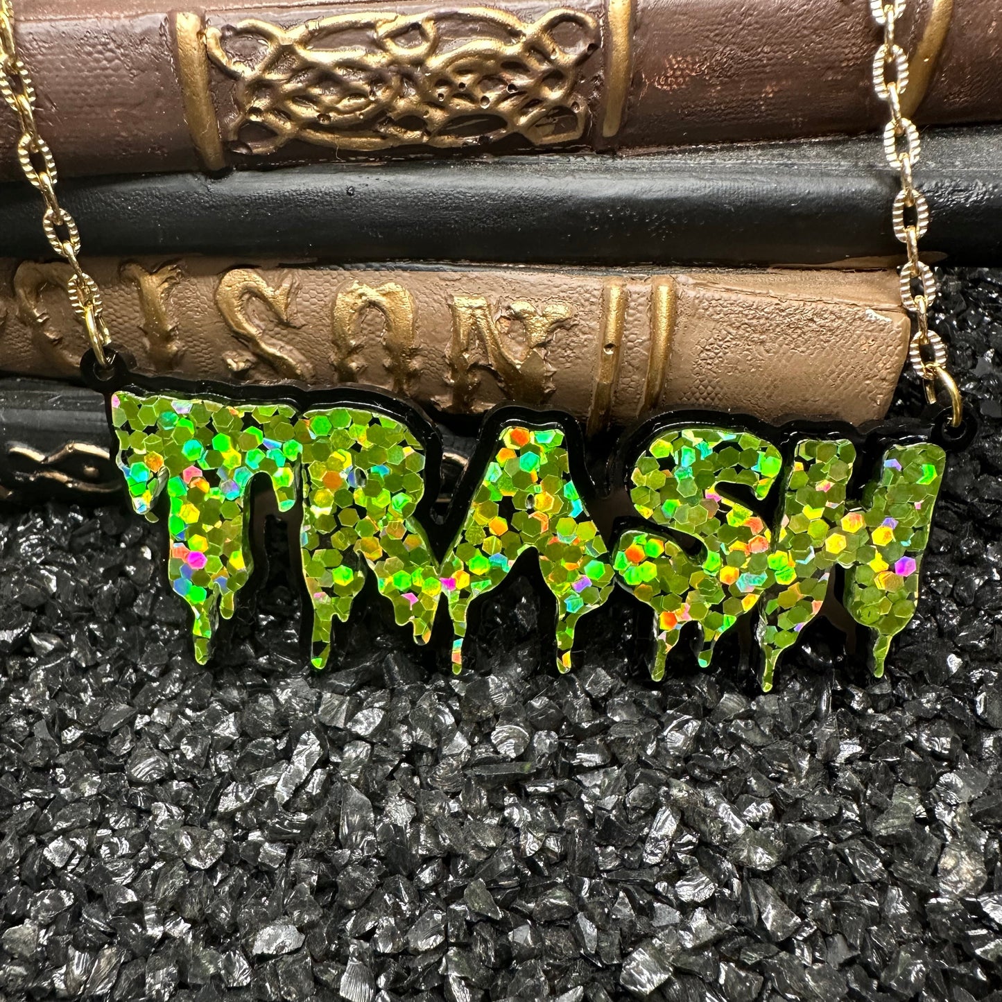TRASH Glitter Lime Green Drippy Nameplate Necklace with Gold Chain