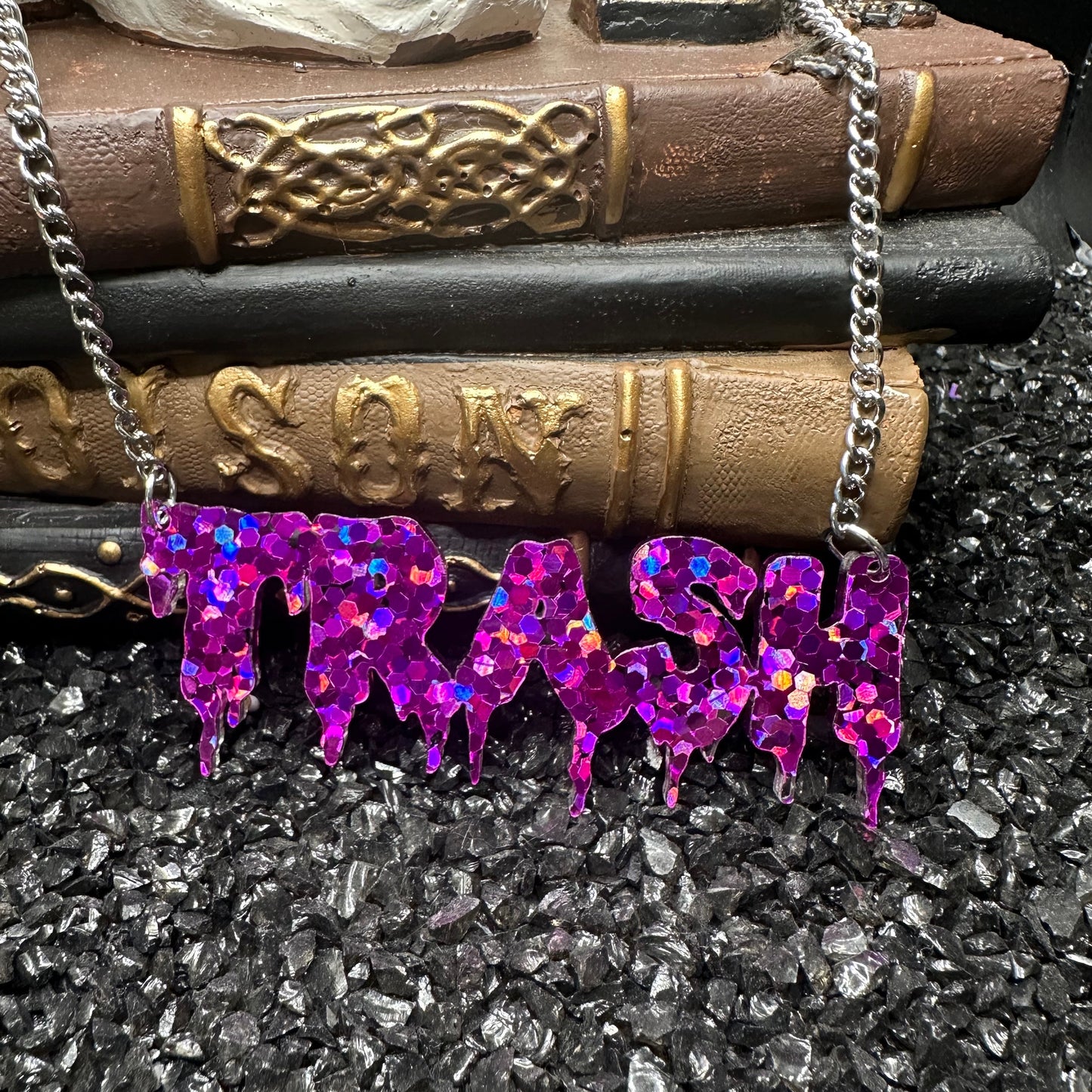 TRASH Glitter Purple Drippy Nameplate Necklace with Silver Chain
