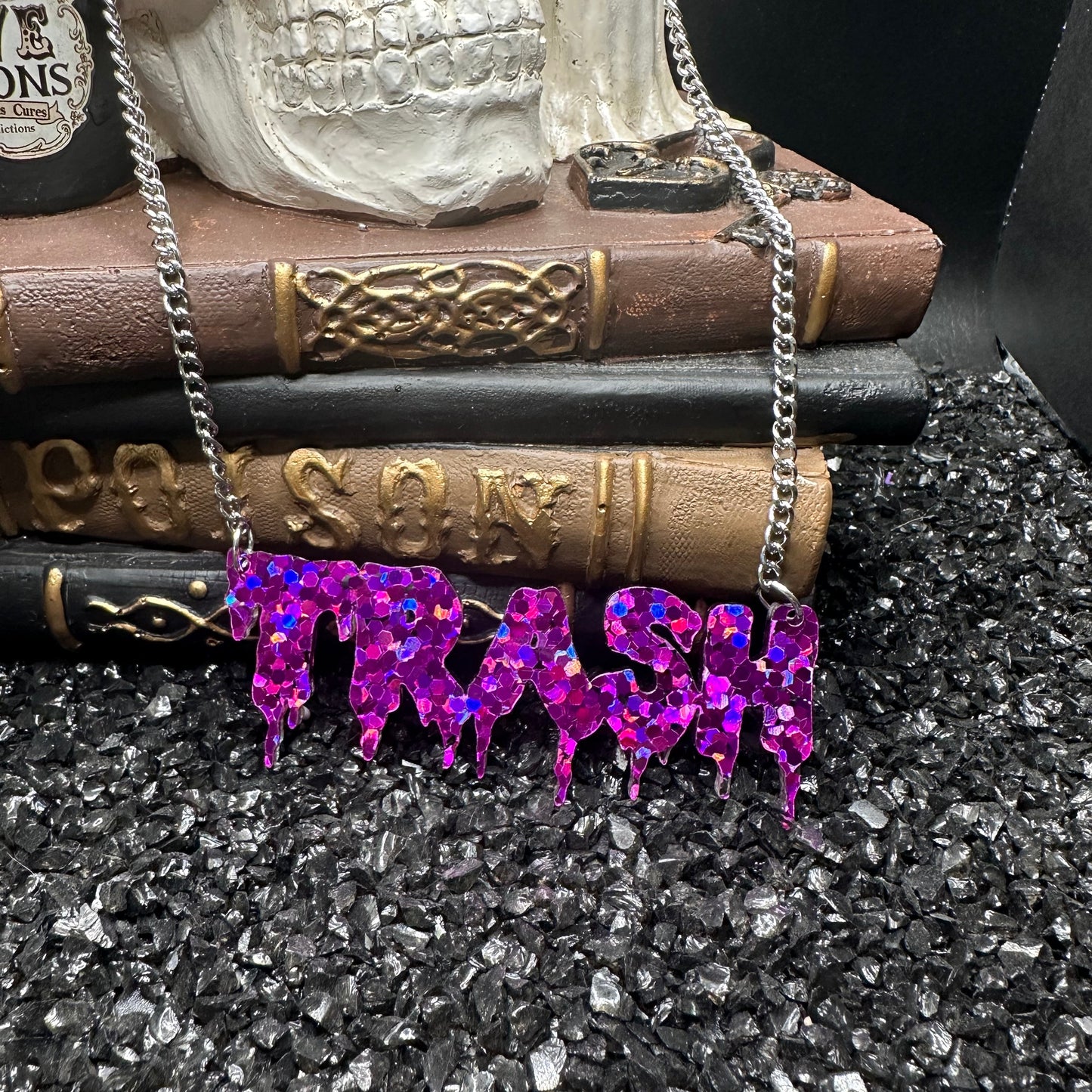 TRASH Glitter Purple Drippy Nameplate Necklace with Silver Chain