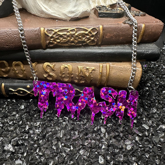 TRASH Glitter Purple Drippy Nameplate Necklace with Silver Chain