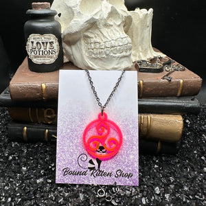 BDSM Triskelion Neon Pink/Orange Acrylic On 18" Black Chain, BDSM Collar / Necklace