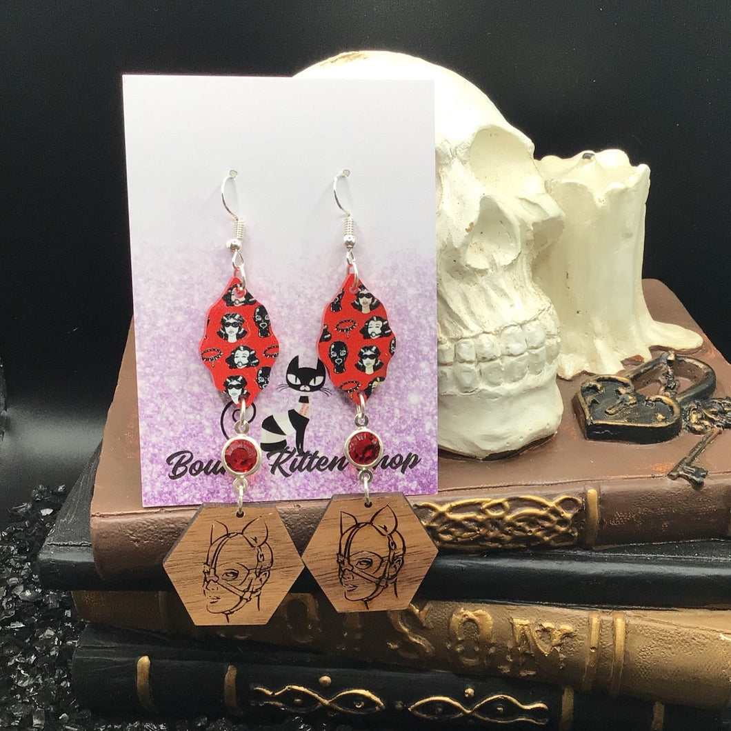 BDSM Acrylic Earrings with Hexagon Masked Kitten & Red Crystal