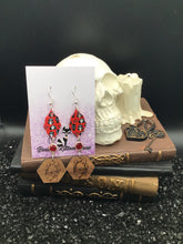 Load image into Gallery viewer, BDSM Acrylic Earrings with Hexagon Masked Kitten &amp; Red Crystal
