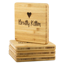 Load image into Gallery viewer, Bratty Kitten Bamboo Coasters Set of 4
