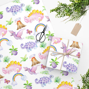 Little Baby Dino & Rainbows Pink Wrapping Paper