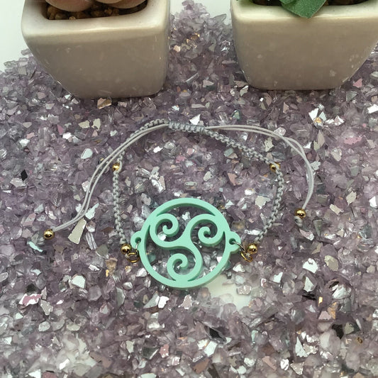 Triskelion Sea Holly Teal Acrylic on Adjustable Gray Bracelet