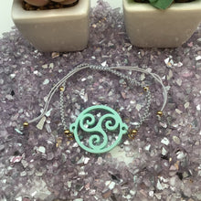 Load image into Gallery viewer, BDSM Triskelion Sea Holly Teal Acrylic on Adjustable Gray Bracelet

