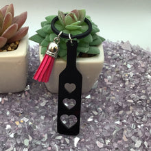 Load image into Gallery viewer, BDSM Heart Paddle Keyring, Black Acrylic w/Hot Pink Tassel
