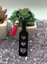 Load image into Gallery viewer, BDSM Heart Paddle Keyring, Black Acrylic w/Hot Pink Tassel
