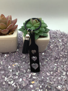 BDSM Heart Paddle Keyring, Black Acrylic w/Black Tassel