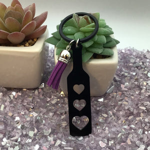 BDSM Heart Paddle Keyring, Black Acrylic w/Purple Tassel