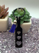 Load image into Gallery viewer, BDSM Heart Paddle Keyring, Black Acrylic w/Royal Blue Tassel
