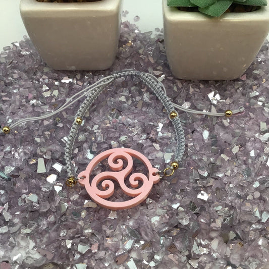 Triskelion Rose Pink Acrylic on Adjustable Gray Bracelet