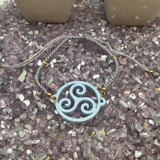 Triskelion Baby Blue Acrylic on Adjustable Gray Bracelet