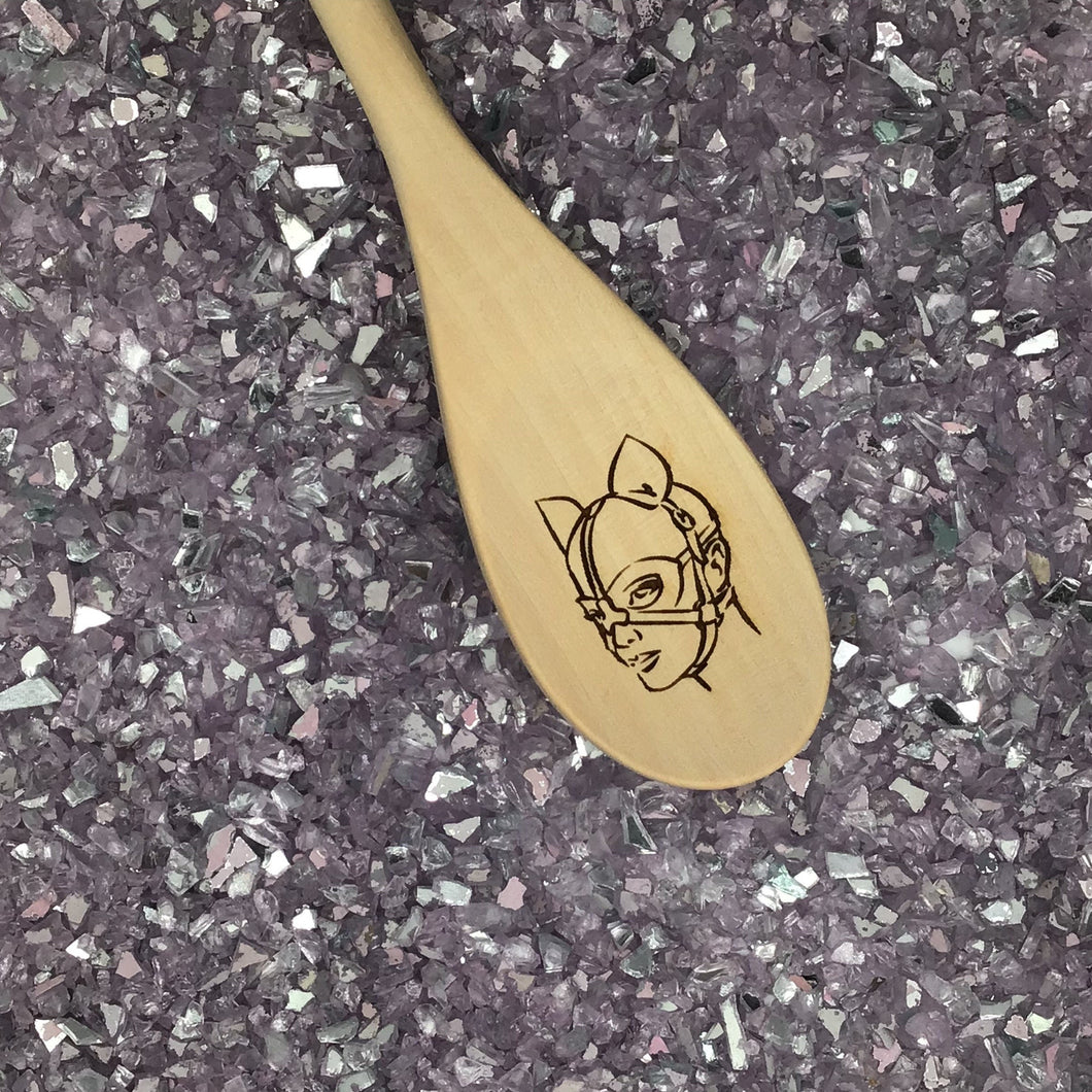 BDSM Fetish Leather Kitten Engraved Wood Spoon, 12 inch Length