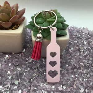 BDSM Heart Paddle Keyring, Tulip Pink Acrylic w/Fuchsia Pink Tassel