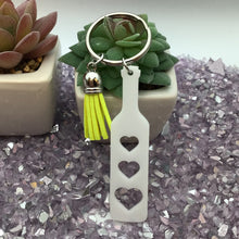 Load image into Gallery viewer, BDSM Heart Paddle Keyring, White Acrylic w/Neon Yellow Tassel
